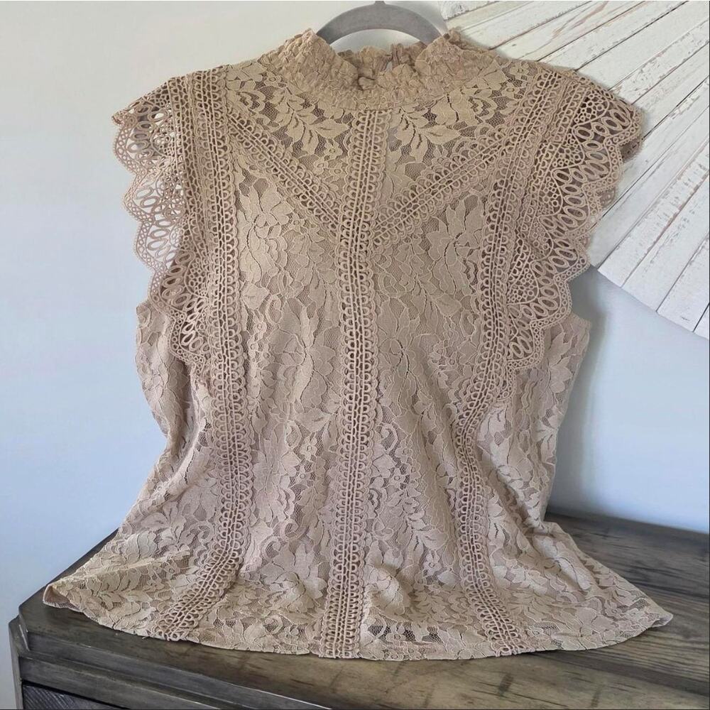Cable & Gauge Tan Lace Hi Neck Sleeveless Blouse Top Sz XL Feminine Coquette Vtg - Picture 4 of 7
